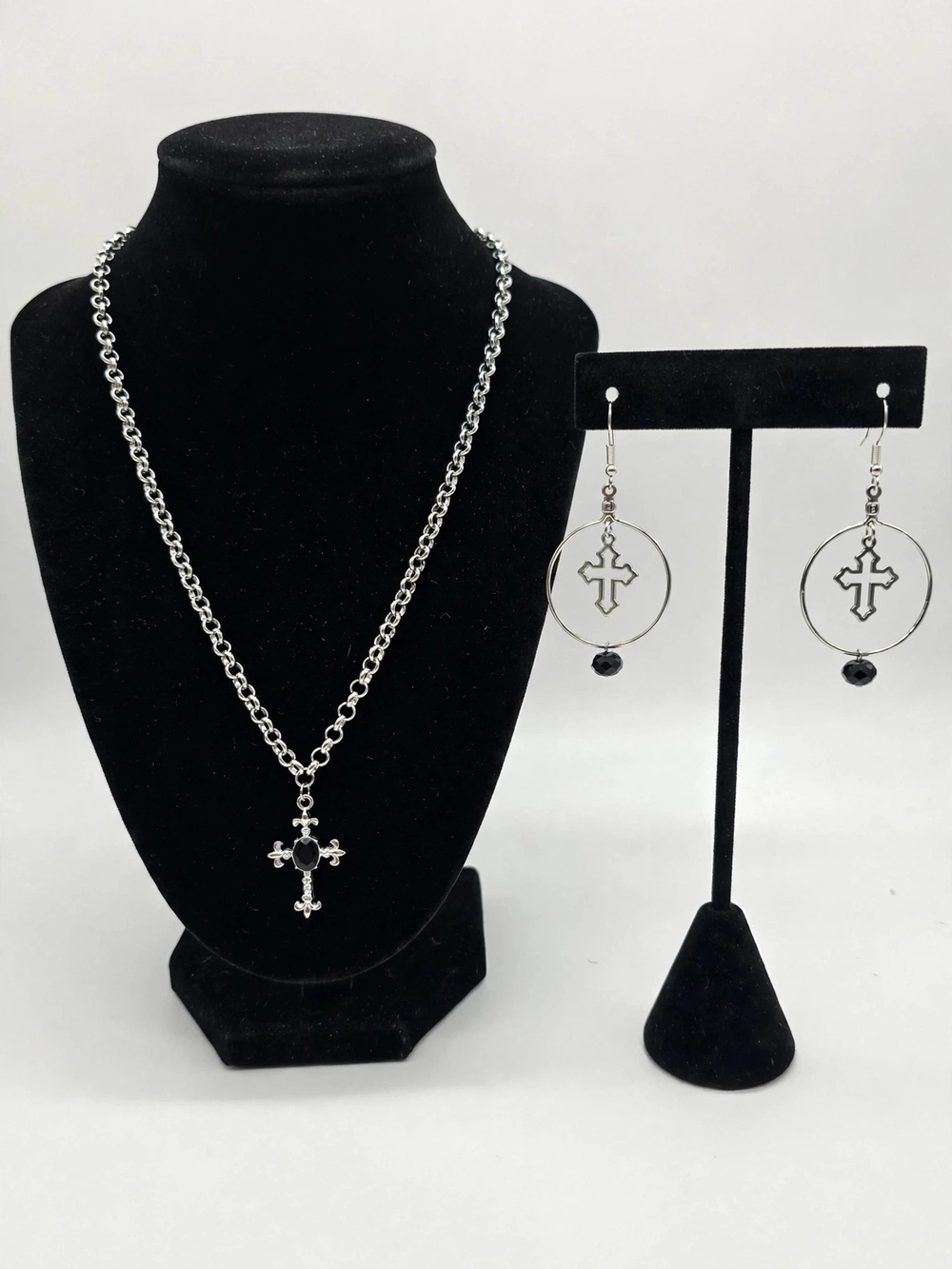 Silver Cross Pendant Necklace and Hoop Cross Earrings Set - Black Accent